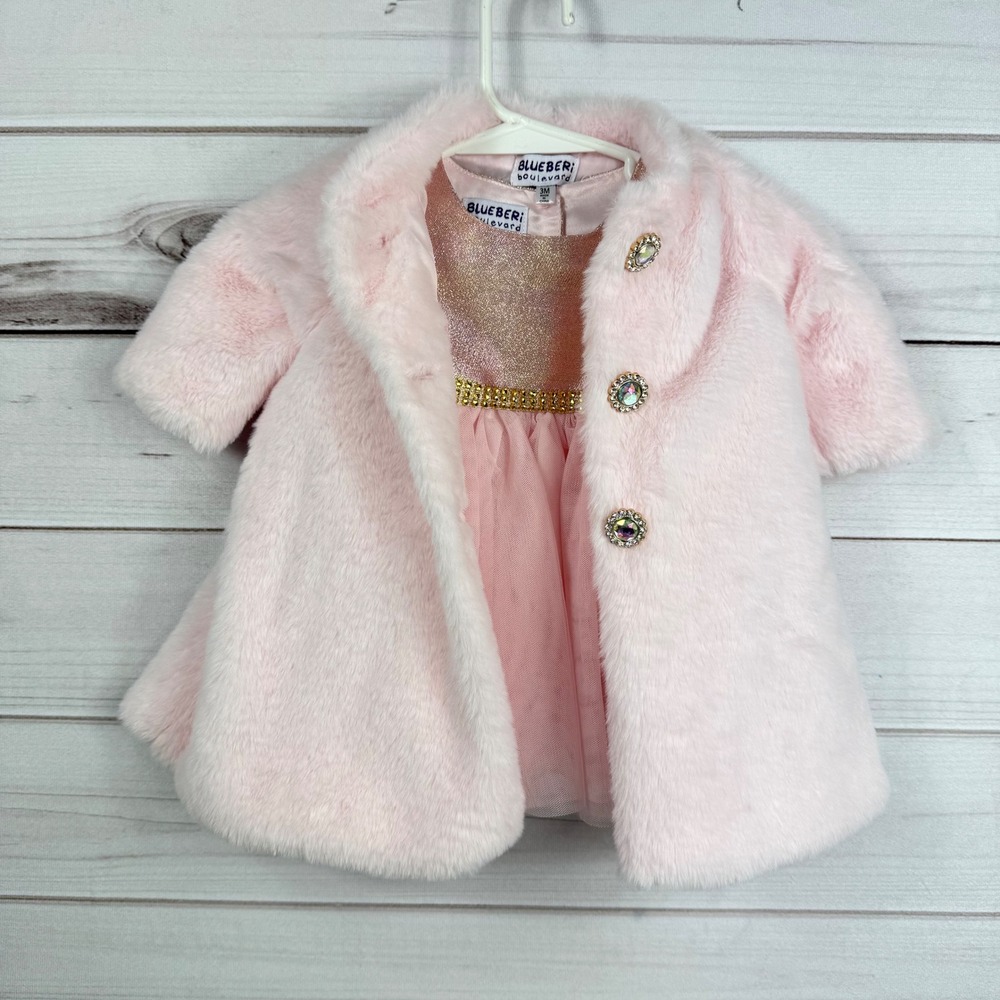 Blueberi Boulevard Baby Girl 3M Pink Dress & Faux Fur‎ Coat Outfit Set